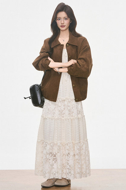 Brown Suede Jacket and Lace Dress Set-Up