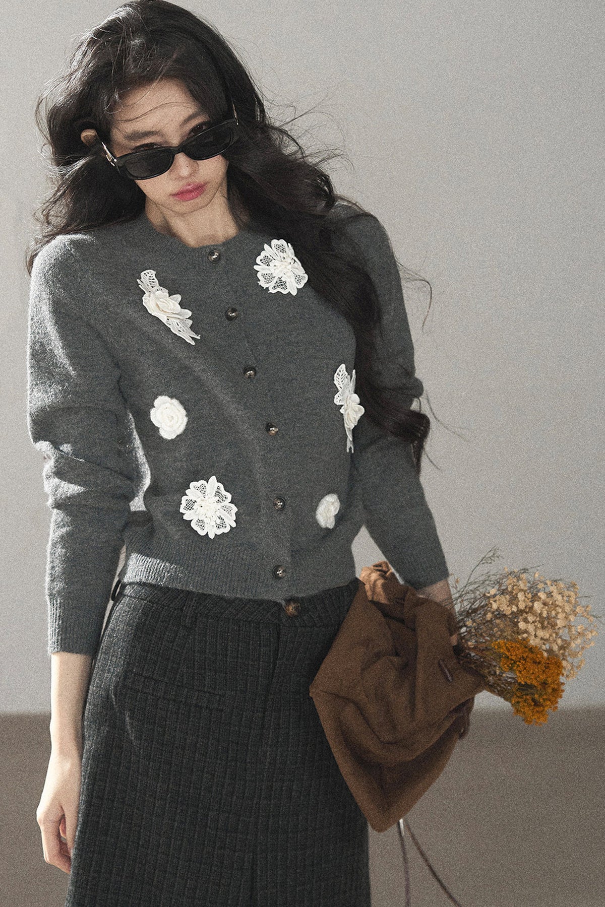 Three-Dimensional Floral Knit Sweater Cardigan