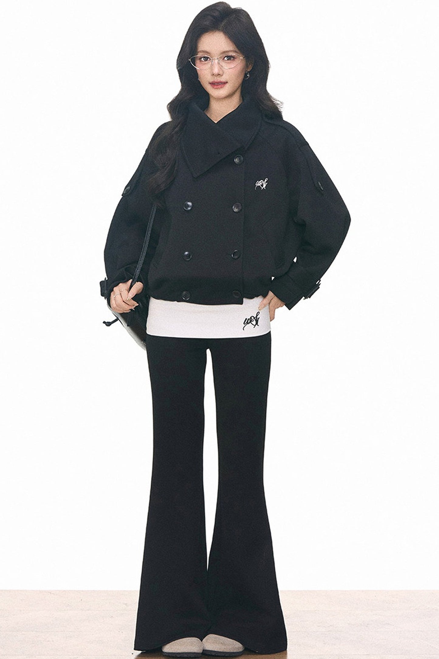 Double-Breasted Knitted Short Trench Coat and Pants Set-Up