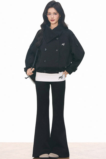 Double-Breasted Knitted Short Trench Coat and Pants Set-Up
