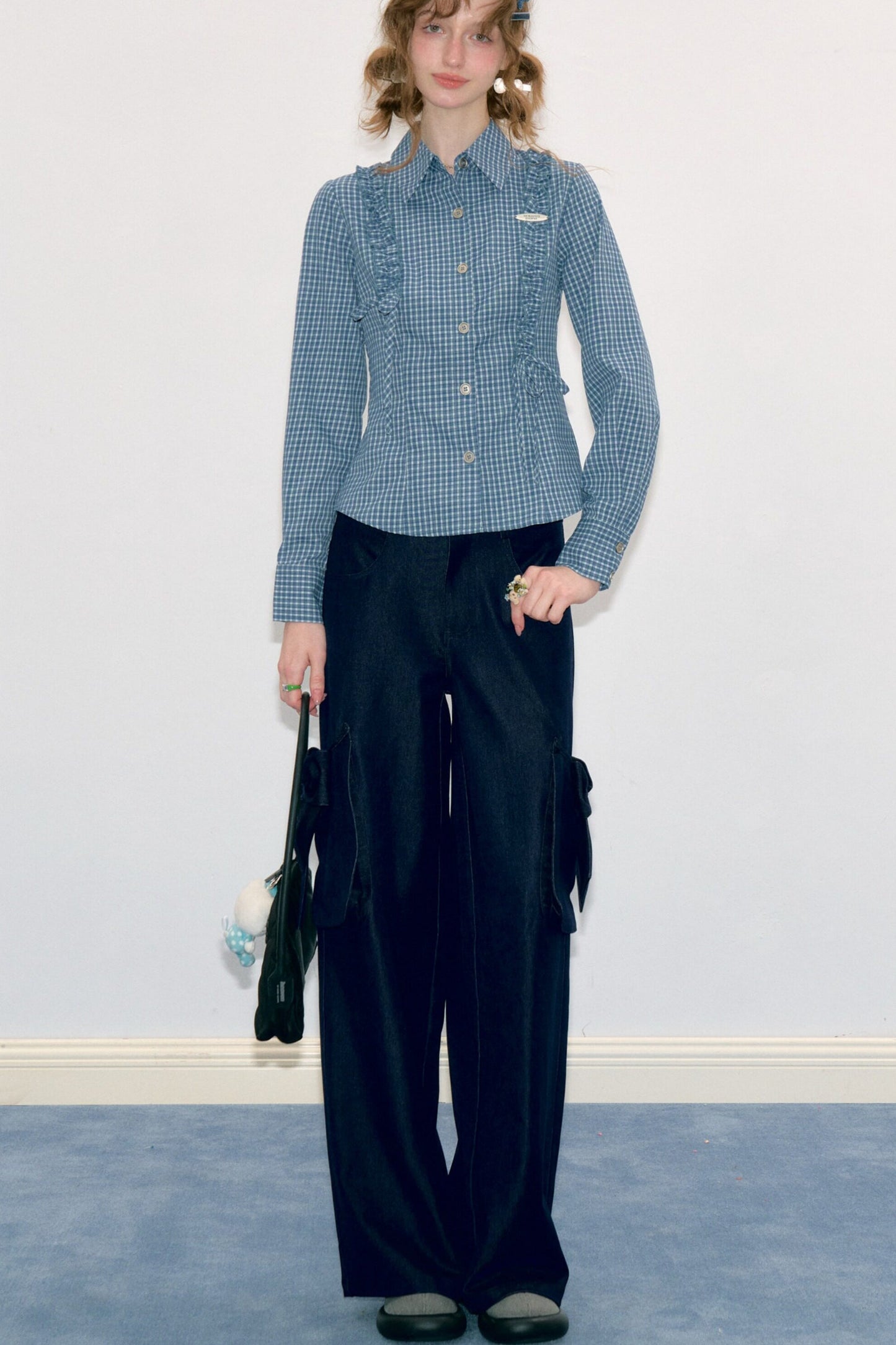 Blue Plaid Slimming Long Sleeve Blouse