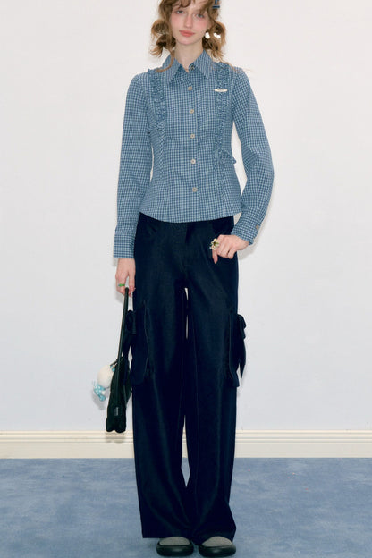 Blue Plaid Slimming Long Sleeve Blouse