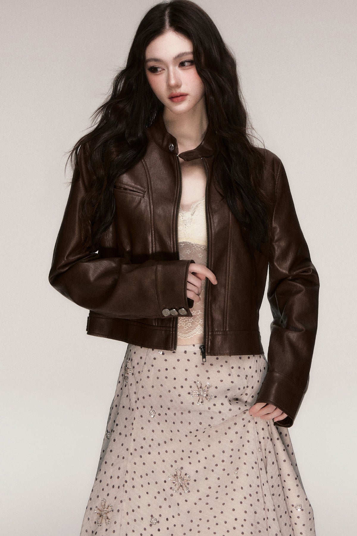Brown Stand-Up Collar PU Leather Jacket