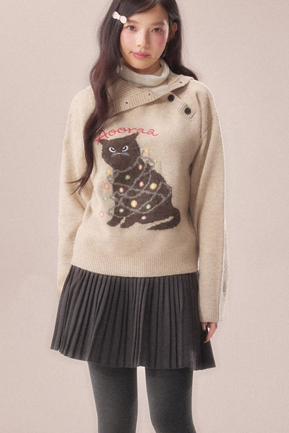 Diagonal Placket Cat Knit Pullover