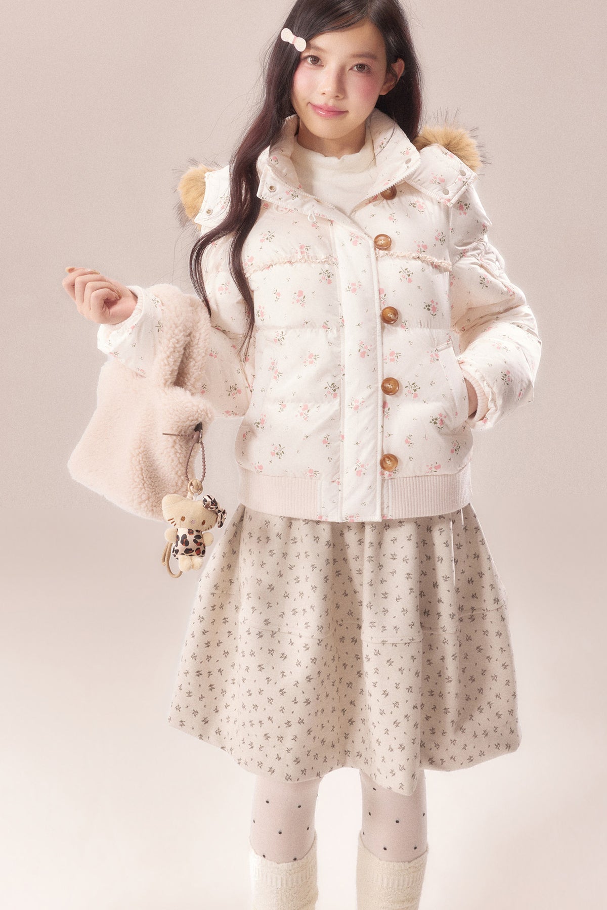 Floral Fur Collar Hooded Toggle Jacket