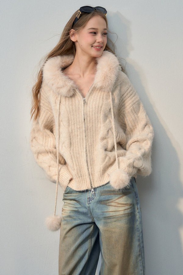 Fur Collar Hooded Knit Cardigan