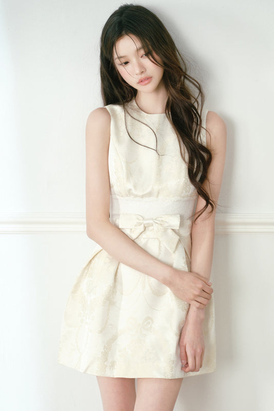 Beige Jacquard Bow Dress