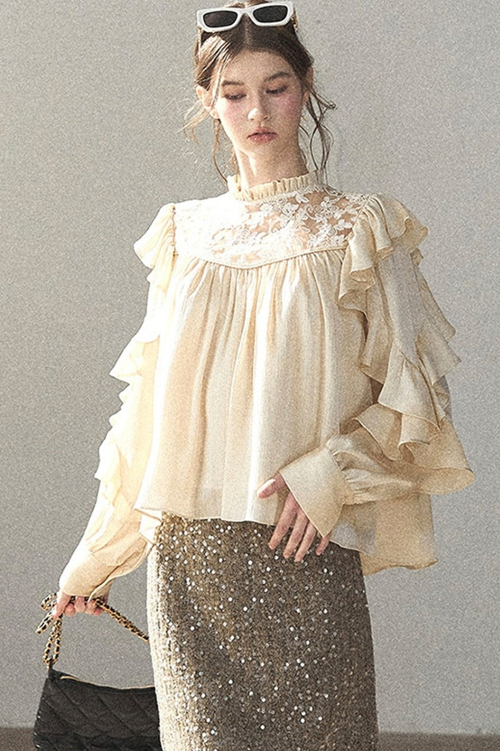 Ruffled Lace Patchwork Textured Chiffon Blouse