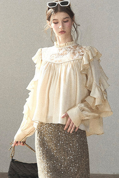 Ruffled Lace Patchwork Textured Chiffon Blouse