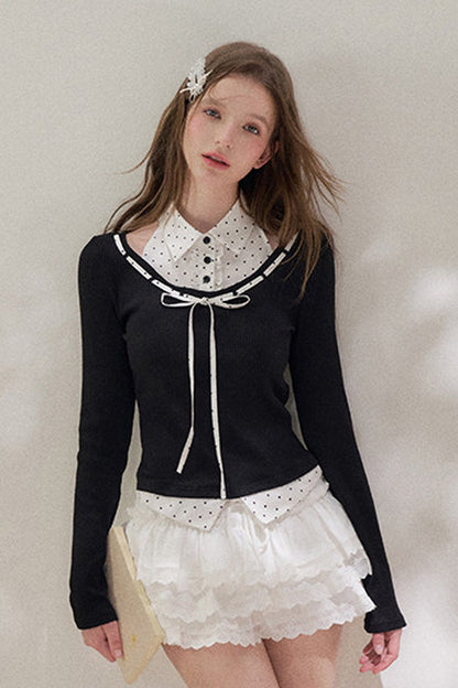 Black Halter Polka Dot Layered Blouse