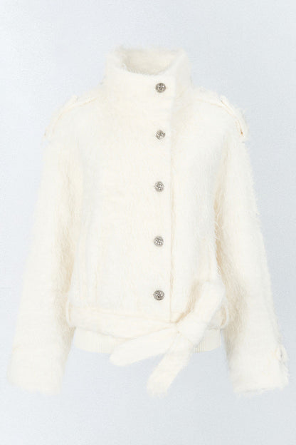 Faux Fur Diagonal Placket Tie Waist Jacket