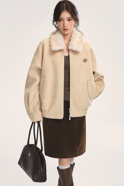Oatmeal Loose Off-Shoulder Jacket