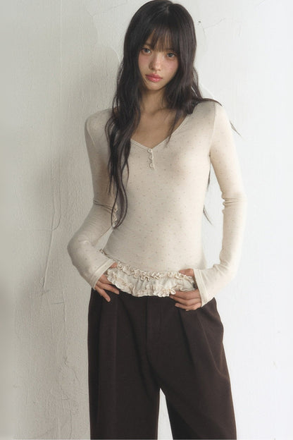 Polka Dot Long-Sleeve Top and Pants Set-Up