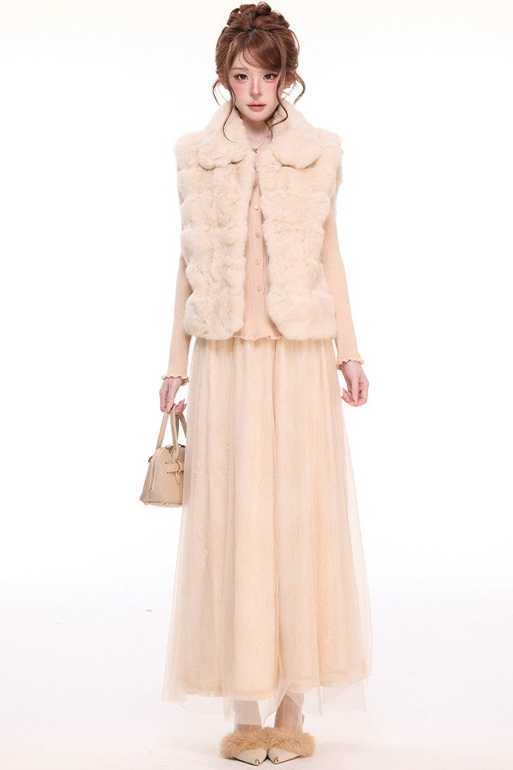 Rabbit Fur Vest and Knitted Sweater Cake Skirt Set-Up