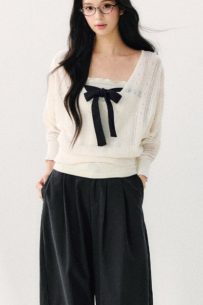 Bowknot Hollow-Out Knit Cardigan And Inner Top Set