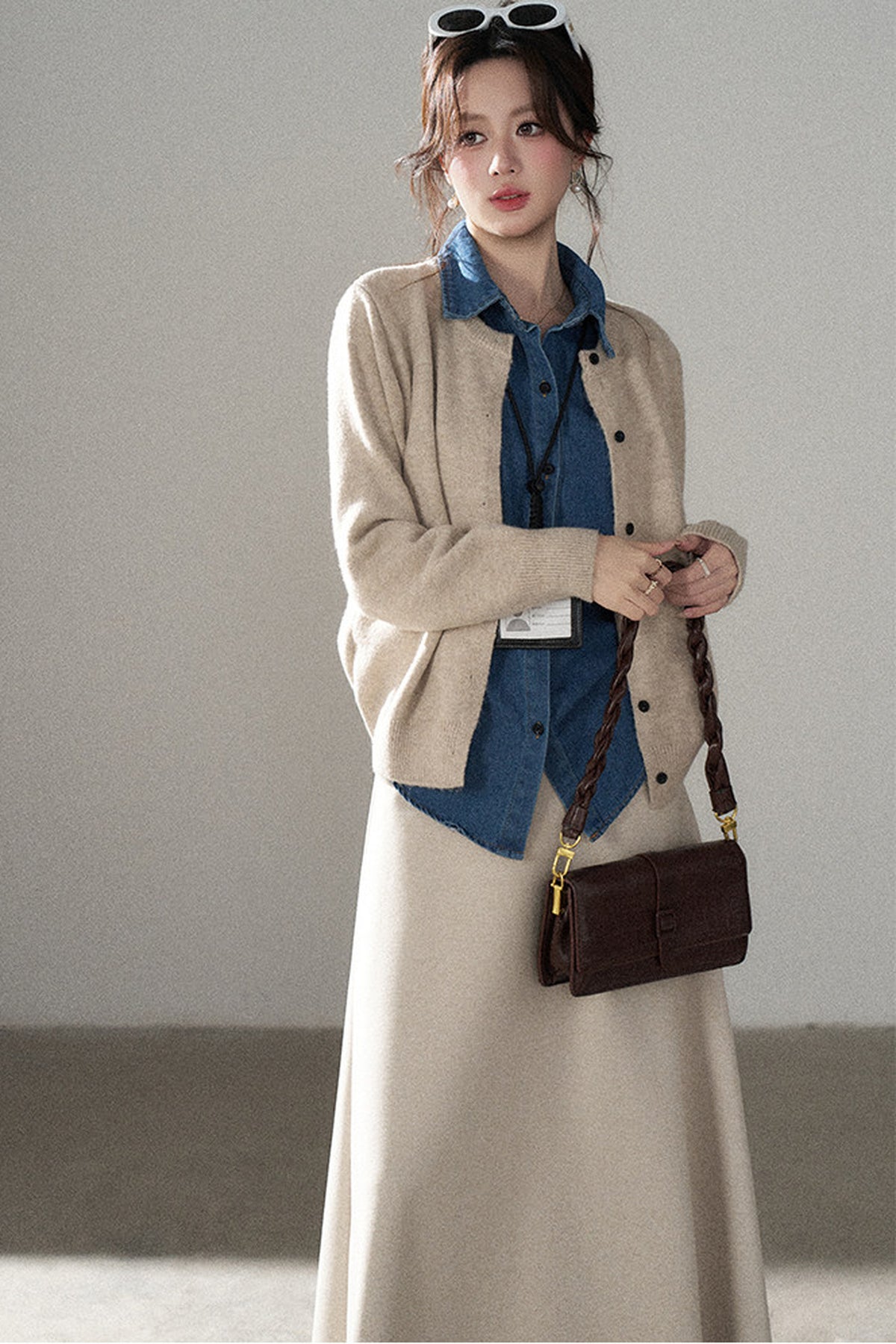 Layered-Look Denim Collar Sweater