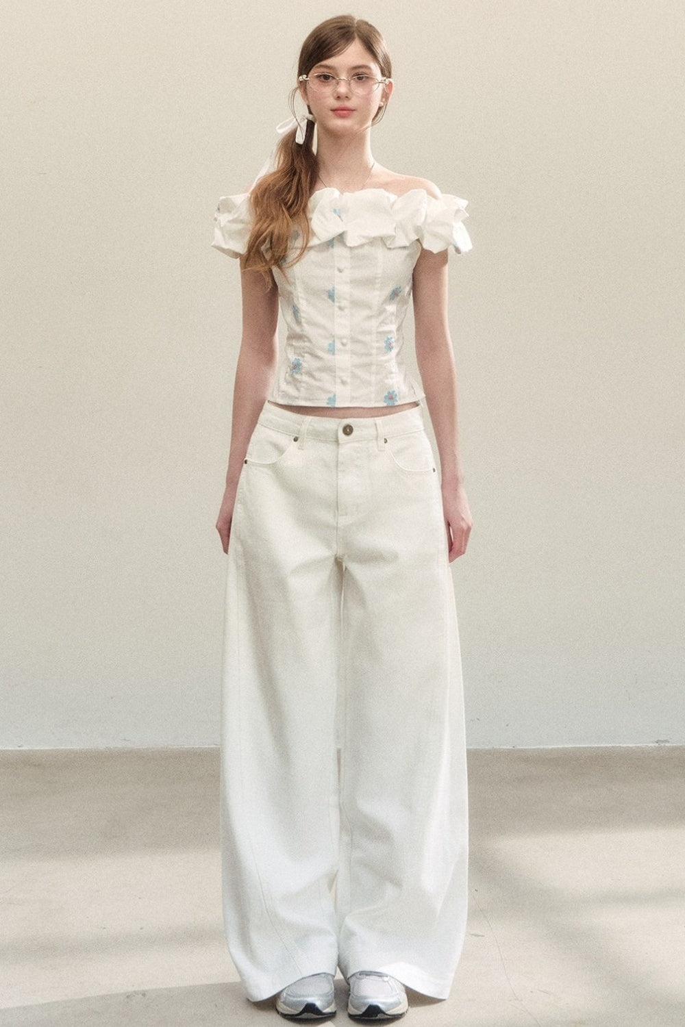 White Drapey High-Waisted Wide-Leg Pants