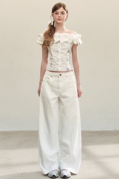 White Drapey High-Waisted Wide-Leg Pants
