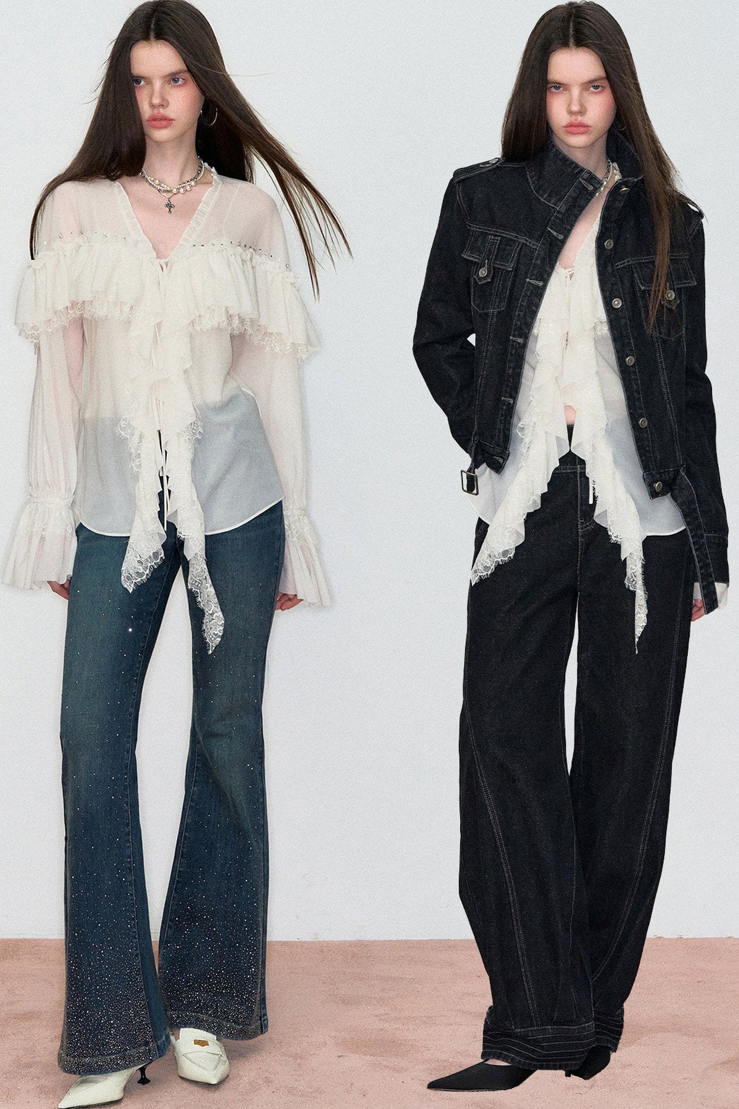 Rhinestone Lace V-Neck Blouse