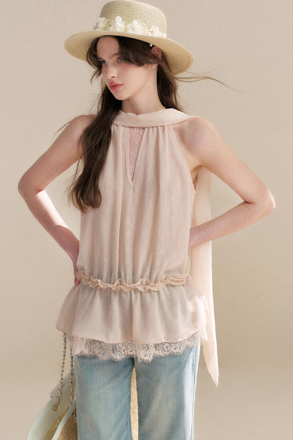French Chiffon Lace Ribbon Top
