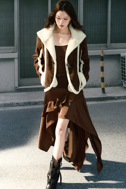 Brown Stand Collar Shearling Jacket