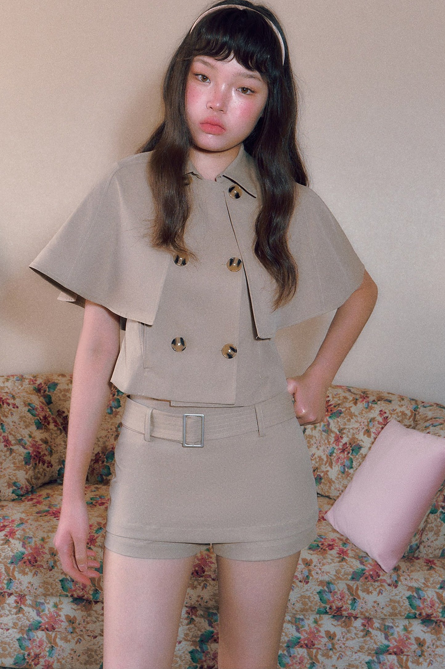 Vintage Double-Breasted Cape Top and Short Skirt Set-Up
