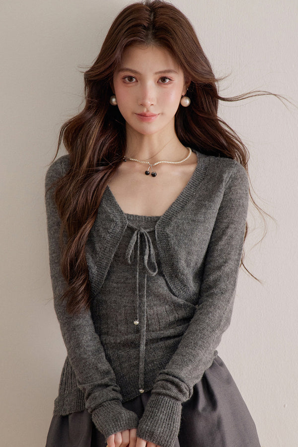 Long-Sleeve V-Neck Lace-Up Knit Sweater
