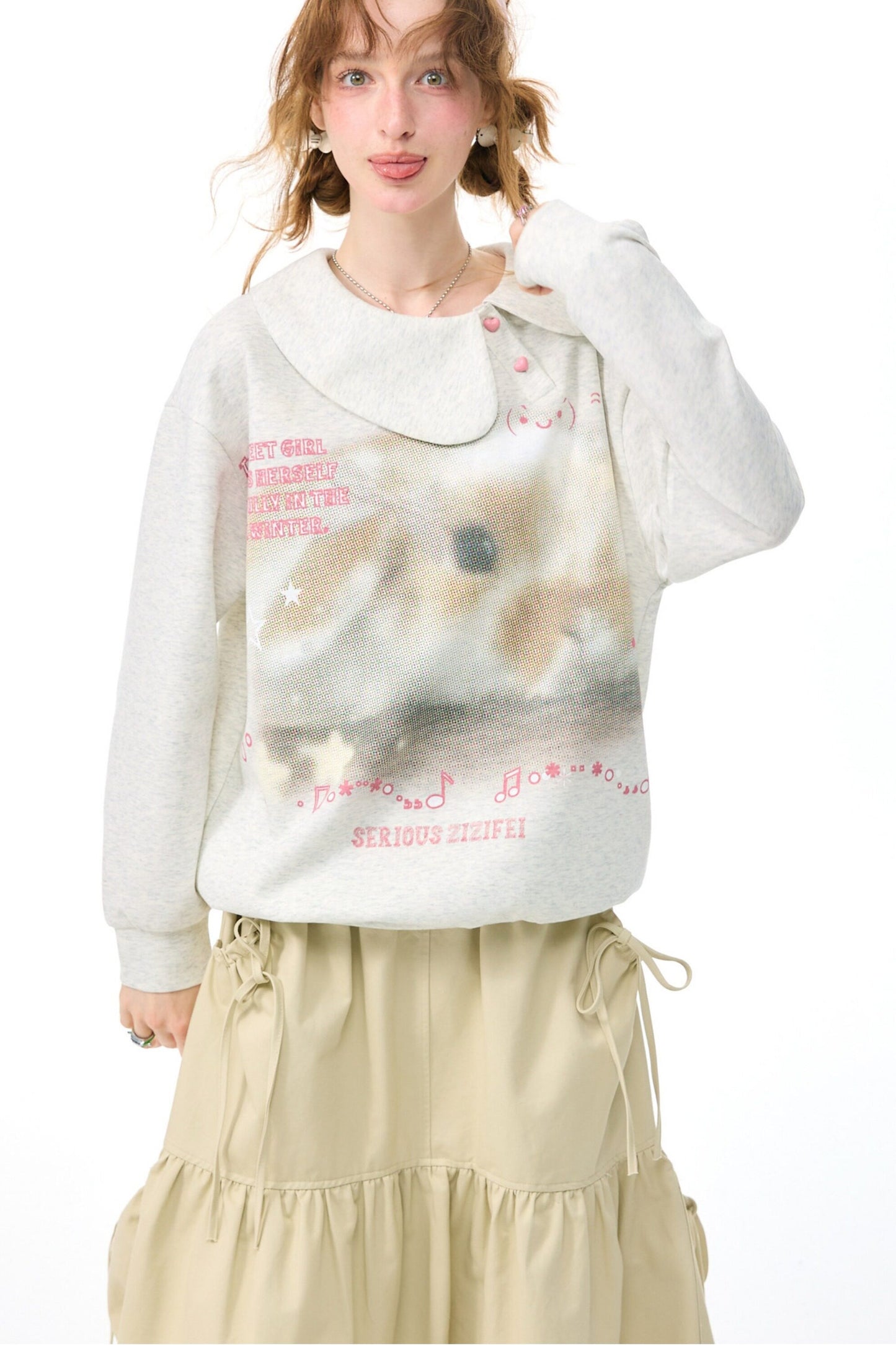 Polka Dot Rabbit Print Doll Collar Sweatshirt