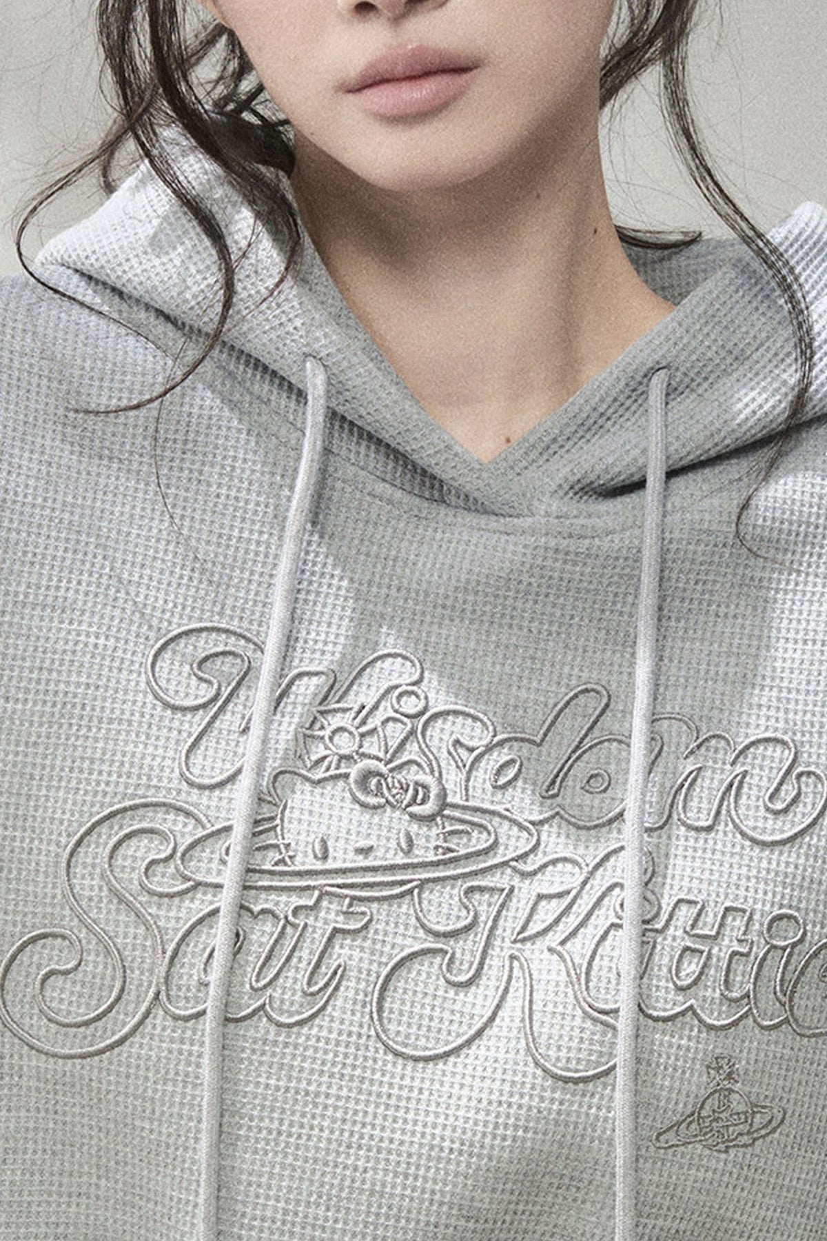 3D Embroidered Cat Waffle Hooded Sweatshirt