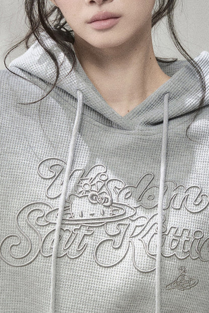 3D Embroidered Cat Waffle Hooded Sweatshirt