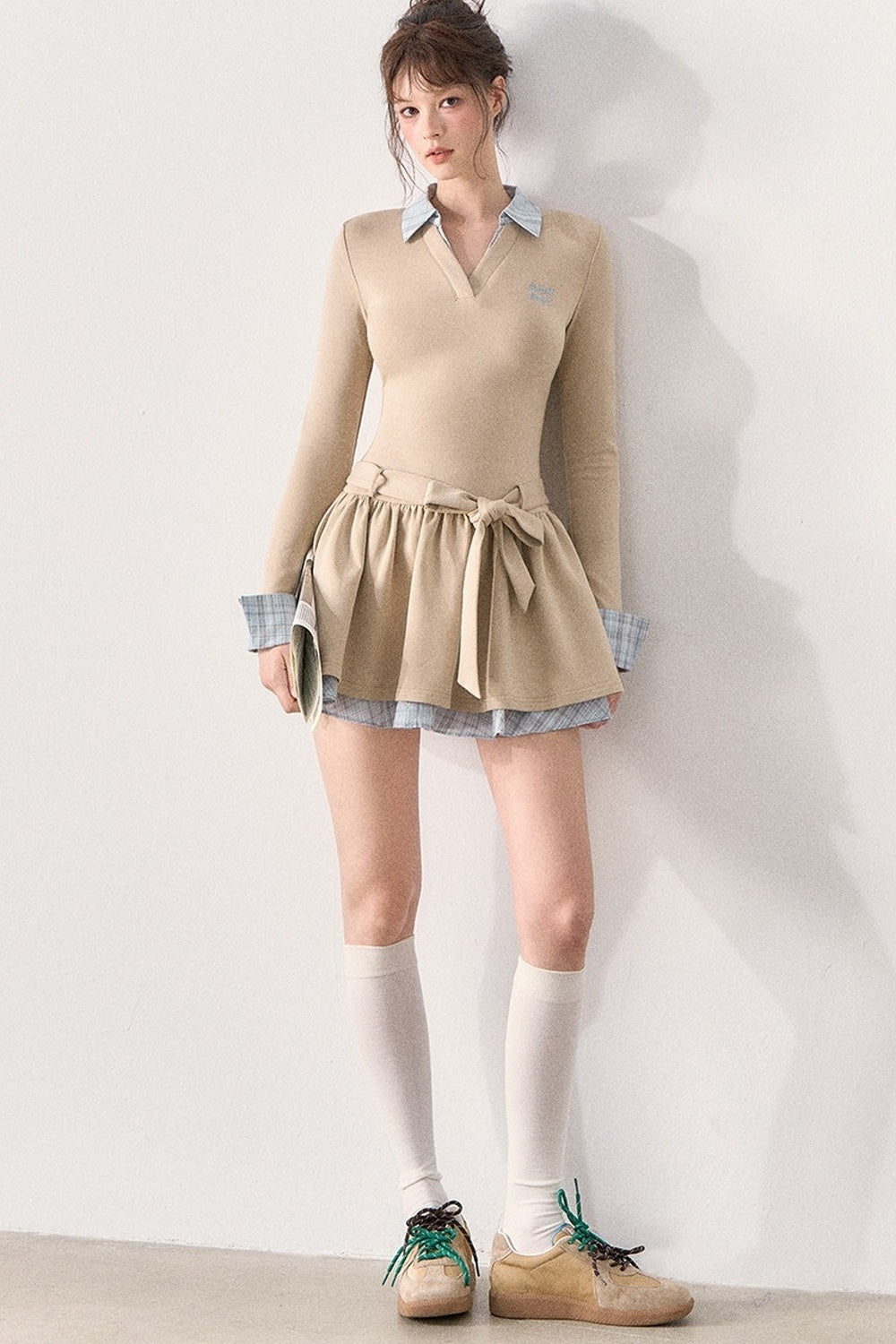 Bow Belt Knit Layered-Look Dress