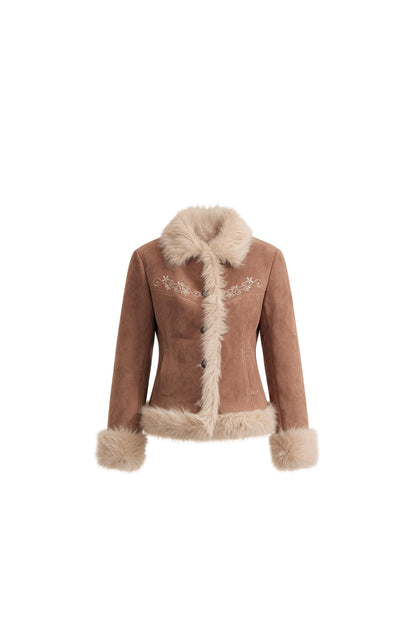 Embroidered Suede Faux Fur Jacket