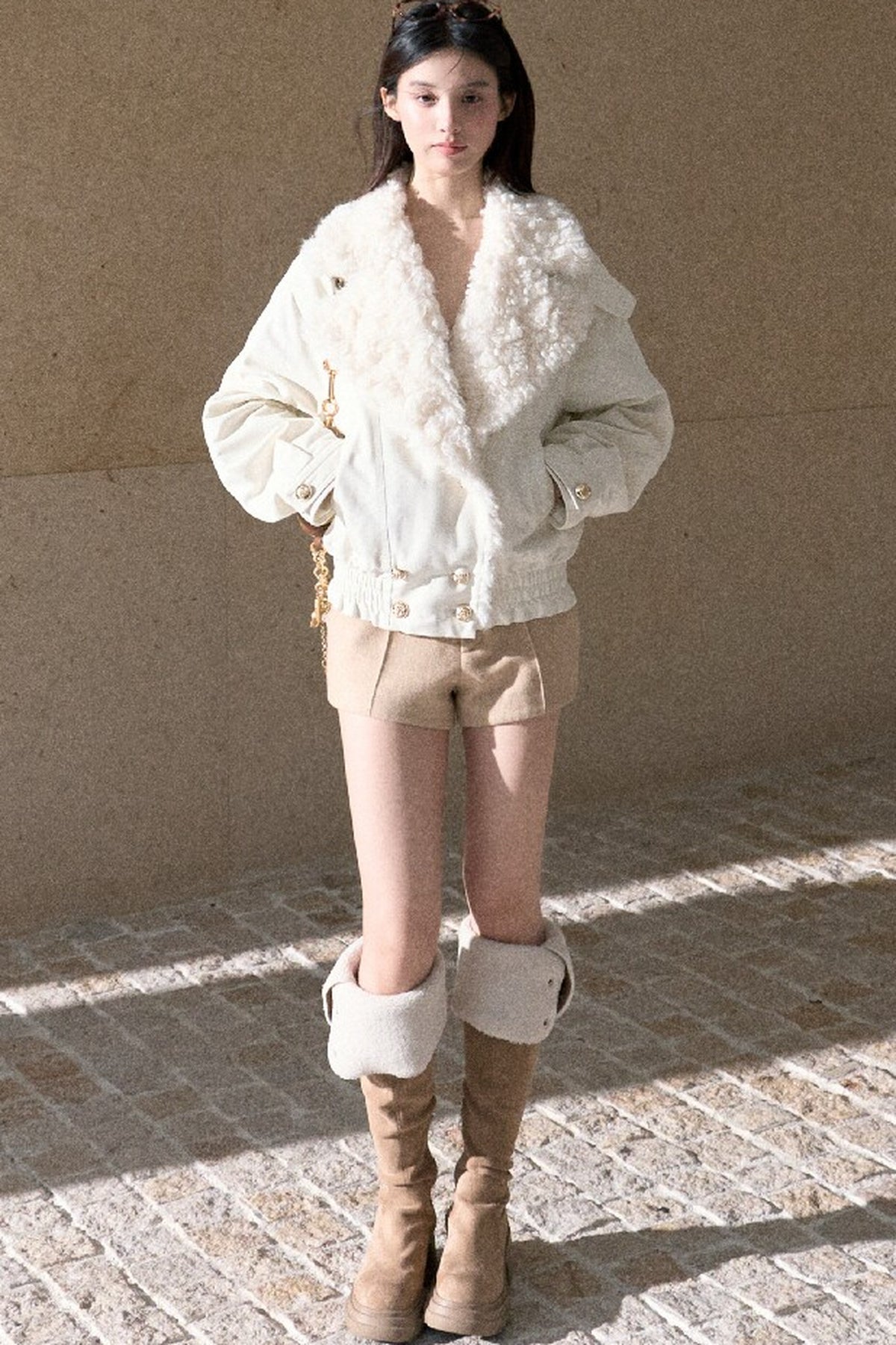 Napoleon Style Curly Fur Lapel Padded Jacket