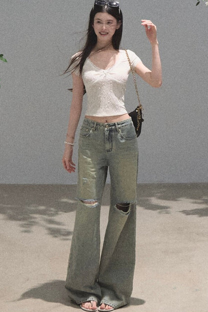Vintage Distressed Ripped Denim Long Pants