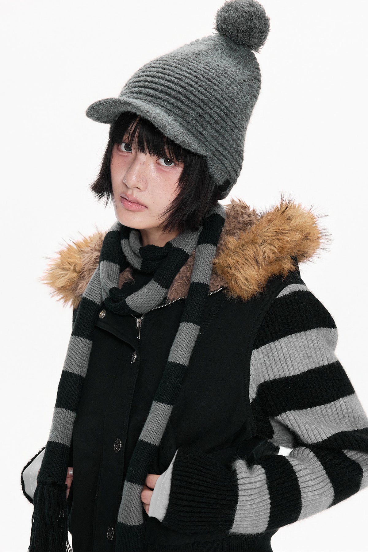 Fur Collar Hooded Striped Jacket