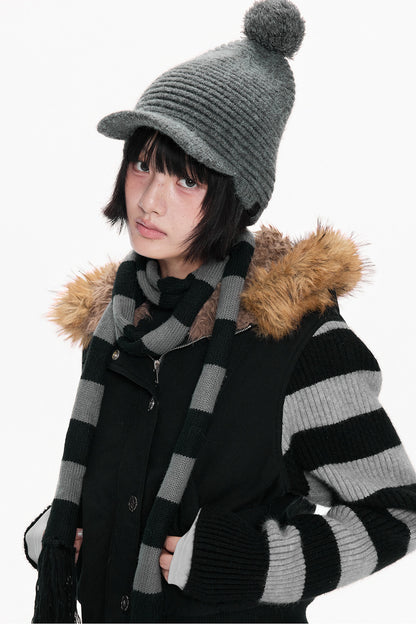 Fur Collar Hooded Striped Jacket