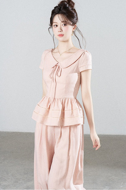 Ensemble chemise rose en Tencel à col Claudine et pantalon large