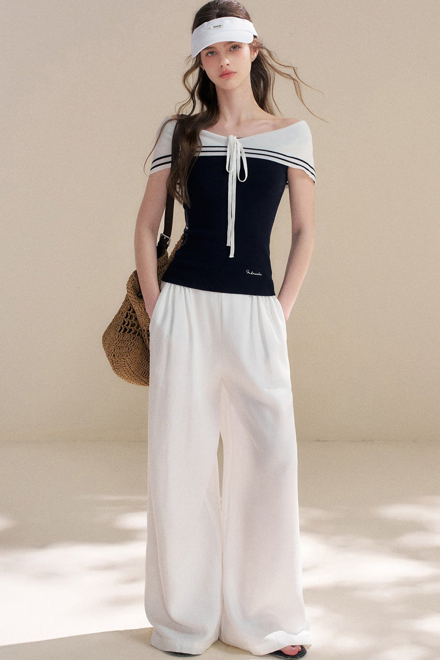 Navy Lyocell Off-Shoulder Knit Top