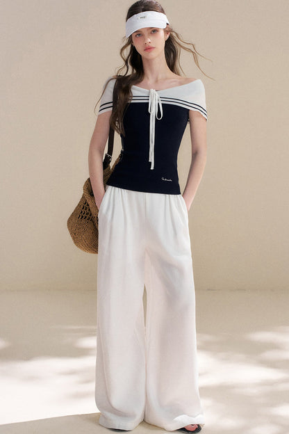 Navy Lyocell Off-Shoulder Knit Top