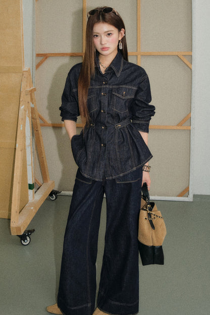 Waist-Cinching Denim Shirt and Flared Jeans Set-Up