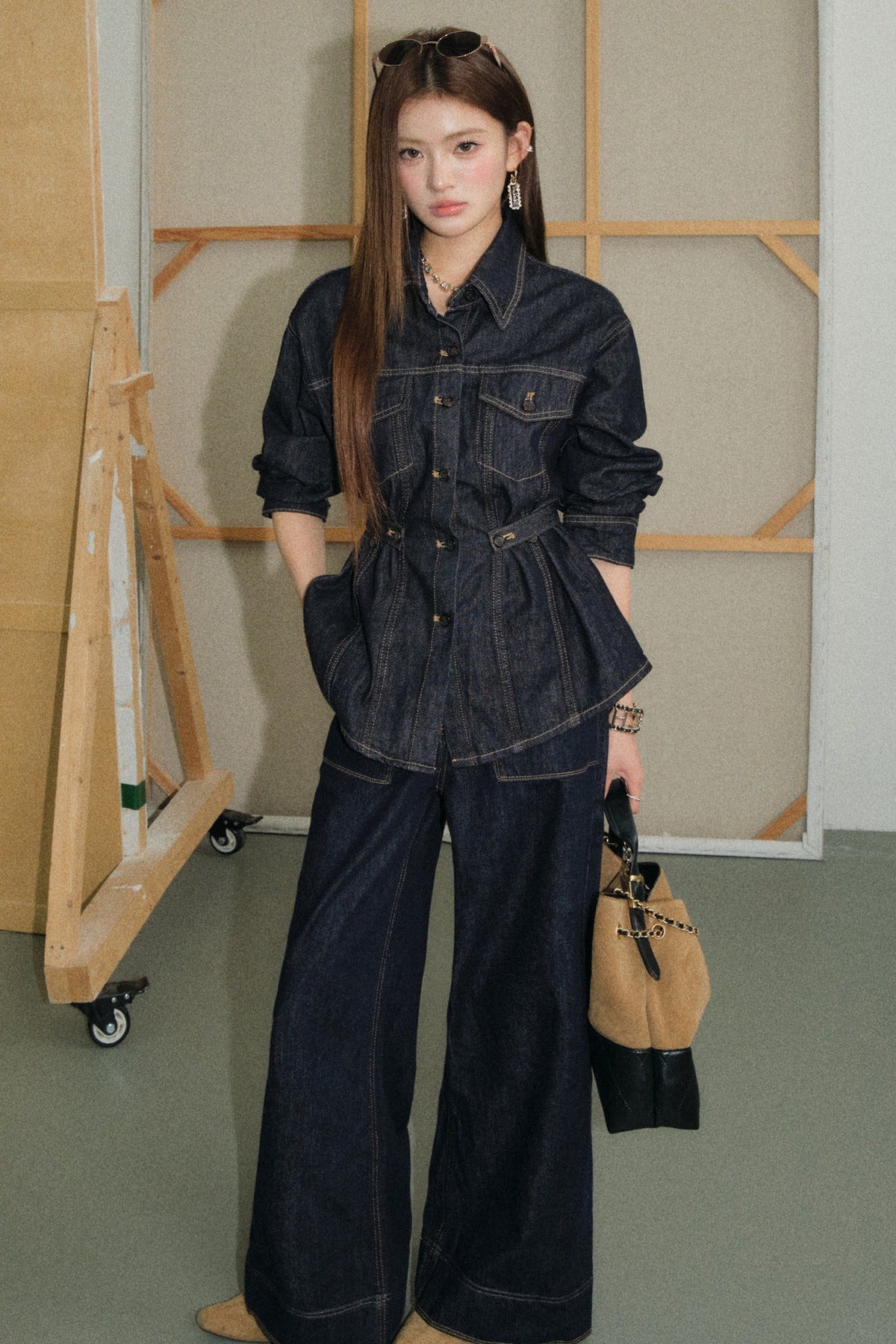 Denim Shirt and Wide-Leg Flared Pants Set-Up