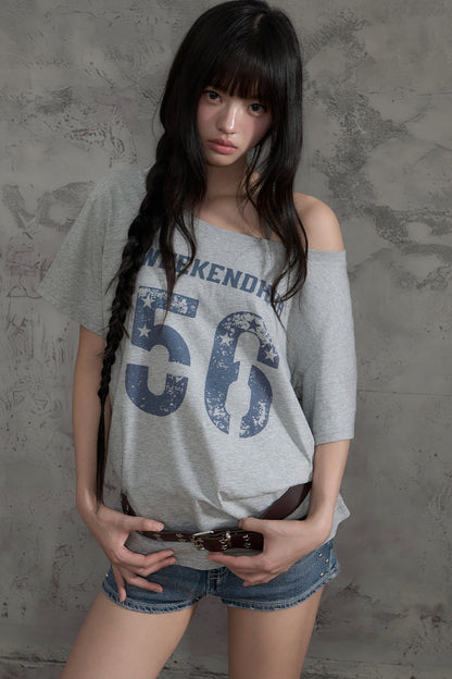 Slanted Shoulder Off-Shoulder T-Shirt Top and Pants Set-Up