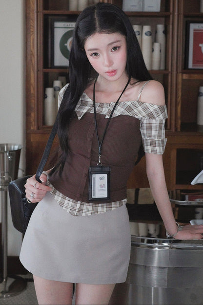 Plaid Patchwork Off-Shoulder Set-Up