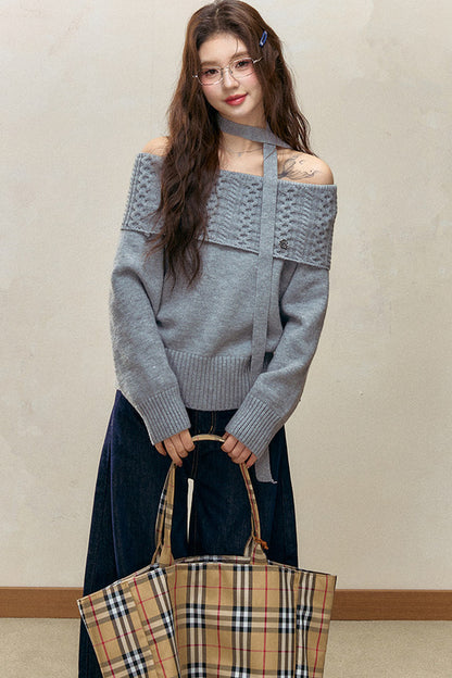 Off-Shoulder Knitted Sweater and Pants Set-Up