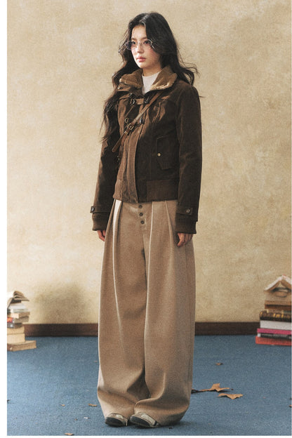 Khaki Wide-Leg Casual Pants