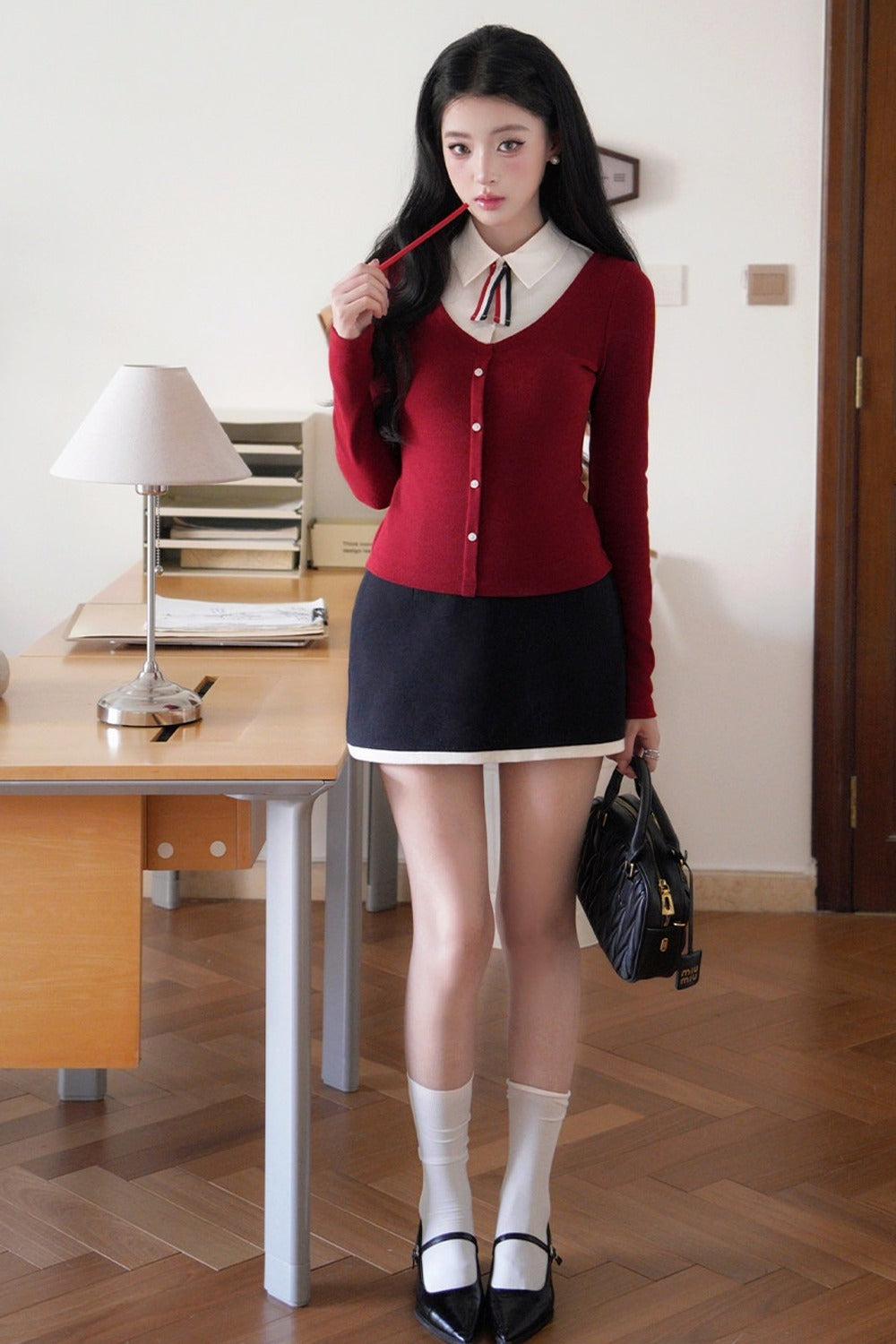 Layered-Look Turn-Down Collar Knit Top