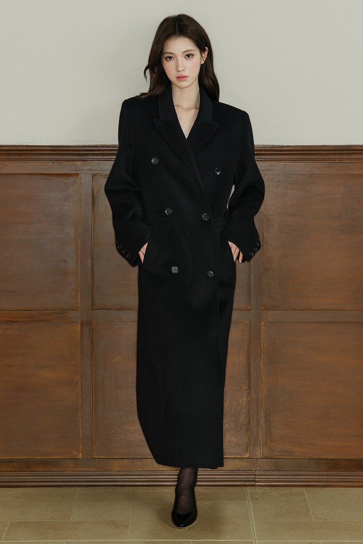 Double Breasted Notch Lapel Long Wool Coat