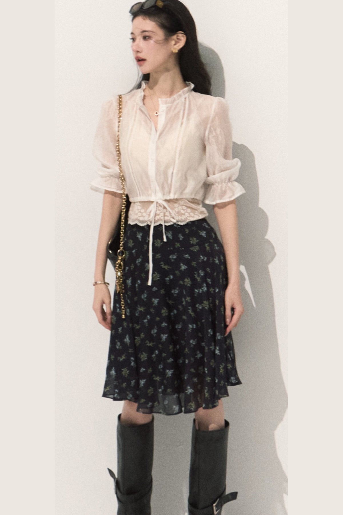 Lyocell Lace Trim Blouse and Floral A-Line Skirt Set-Up