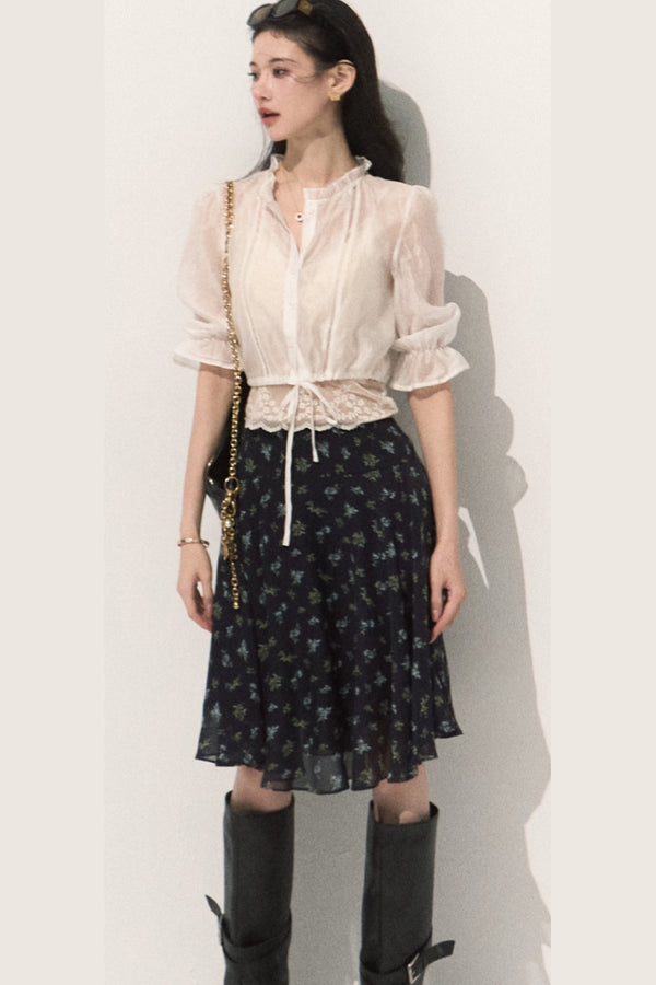 Lyocell Lace Trim Blouse and Floral A-Line Skirt Set-Up