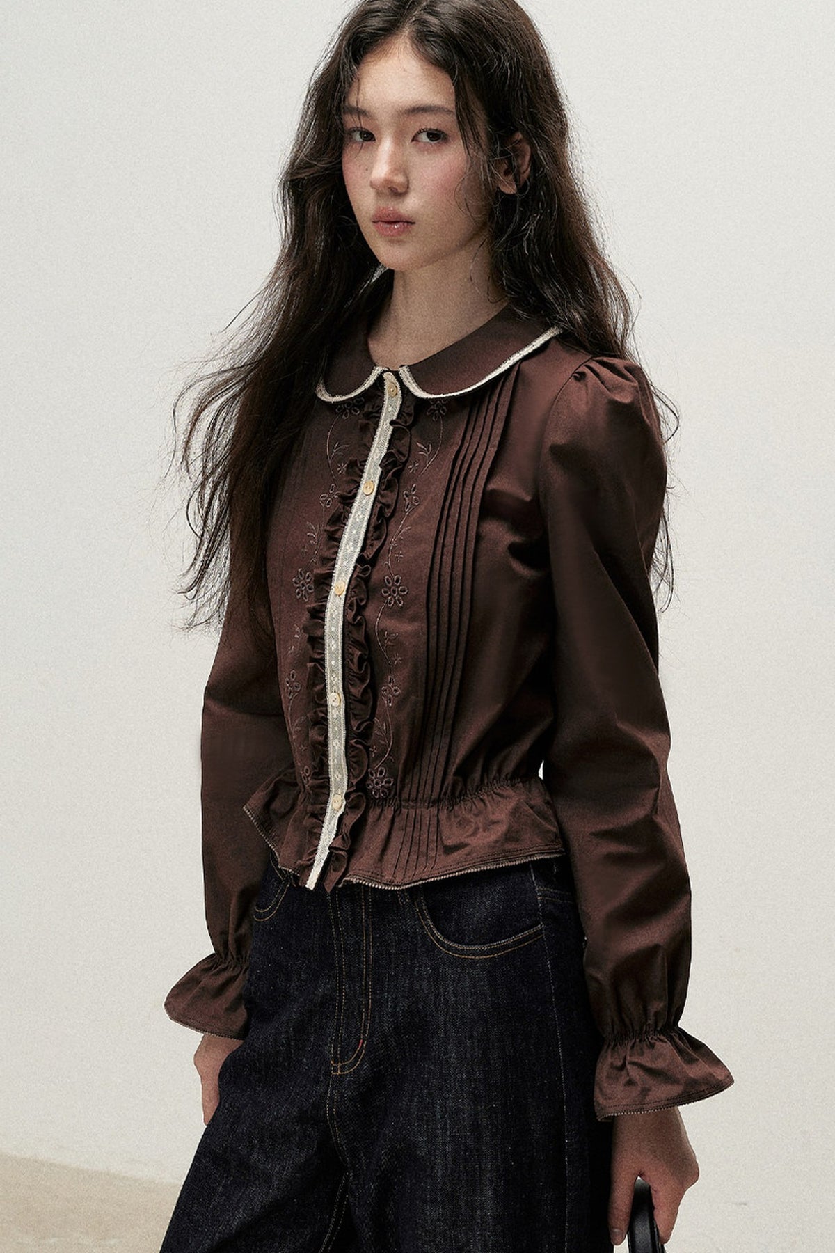 Brown Cotton Linen Doll Collar Shirt